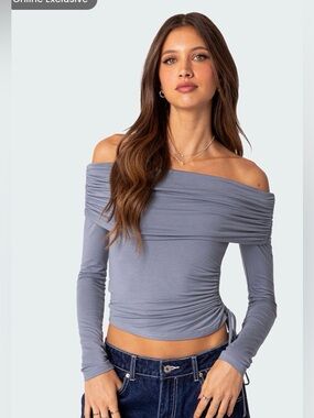 Edikted Dusty Blue Gathered fold over Ruched Draw String Top XS